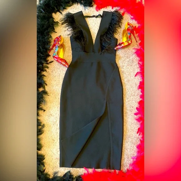 Fashion Nova | Dresses | Black Midlength Dress With Short Feather Sleeves  Deep Vfront With Side Split | Poshmark